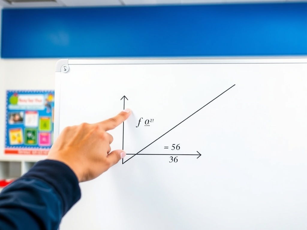 На белой доске рука указывает на математическое уравнение: f α² = 56/36.